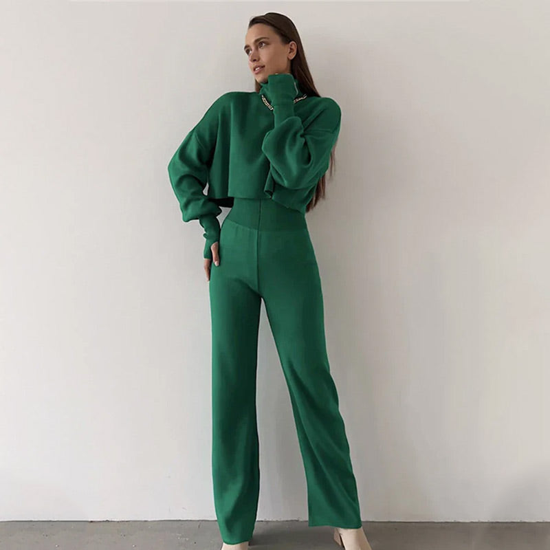 🌹52% de réduction🌹Ensemble haut court à manches longues et col montant et pantalon pour femme
