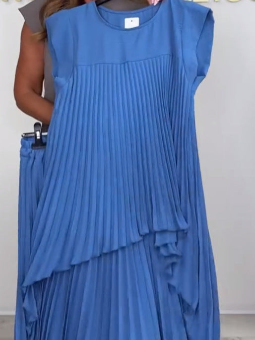 Ensemble haut midi irrégulier à manches courtes plissées et pantalon large à taille élastique