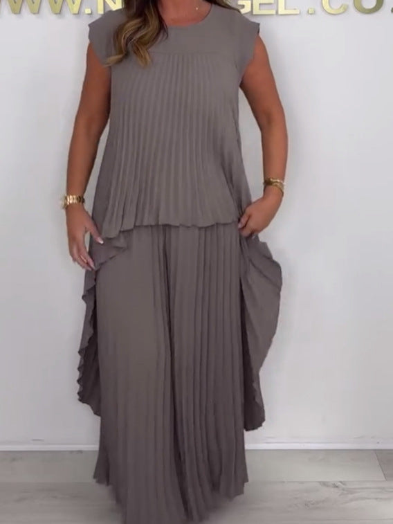 Ensemble haut midi irrégulier à manches courtes plissées et pantalon large à taille élastique
