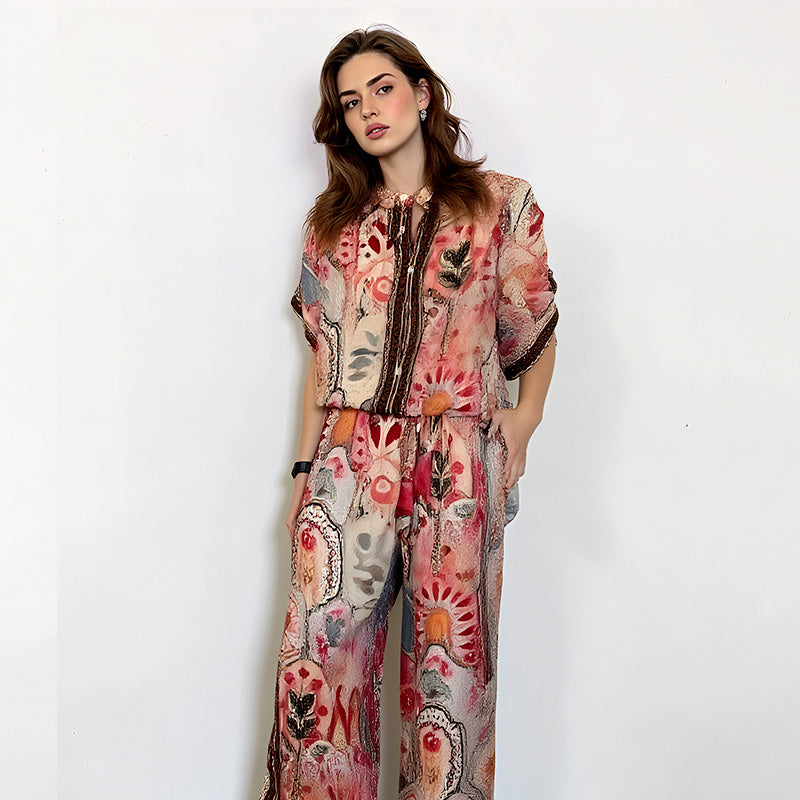 Ensemble 2 pièces haut imprimé et pantalon large pour femme