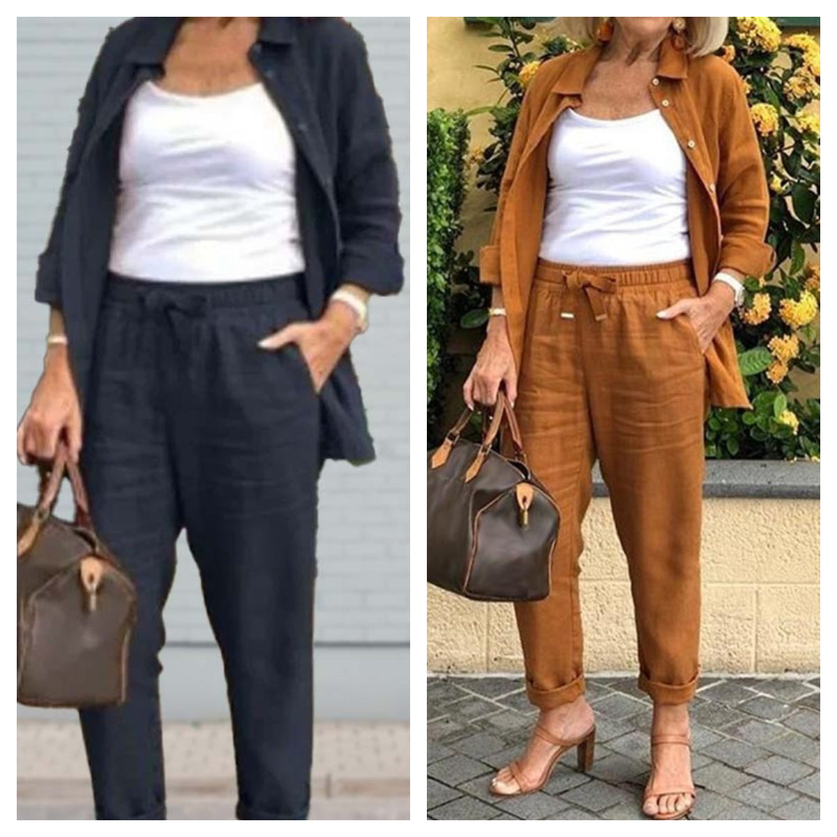 🔥Haute qualité🎀Ensemble Chemisier à Manches Longues et Pantalon en Coton et Lin pour Femmes(🔥55% de réduction)