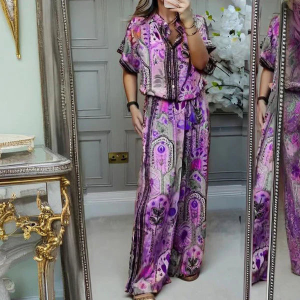 Ensemble 2 pièces haut imprimé et pantalon large pour femme