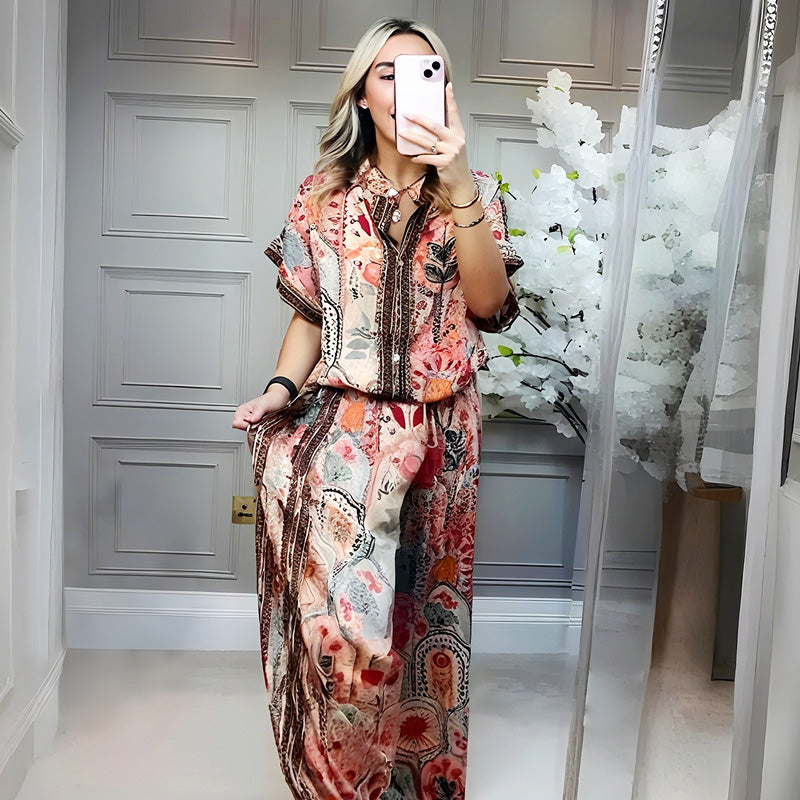 Ensemble 2 pièces haut imprimé et pantalon large pour femme