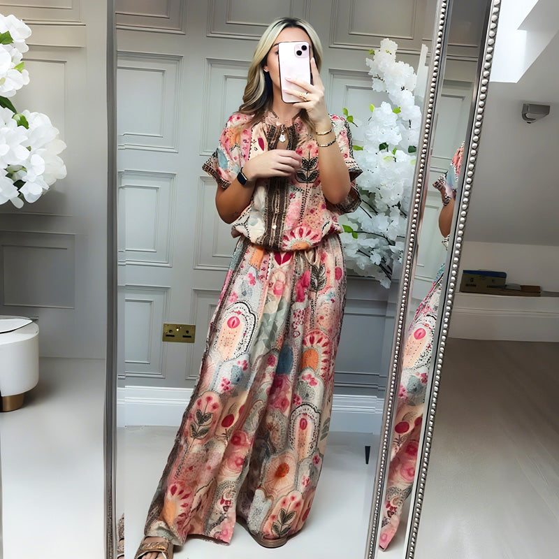 Ensemble 2 pièces haut imprimé et pantalon large pour femme