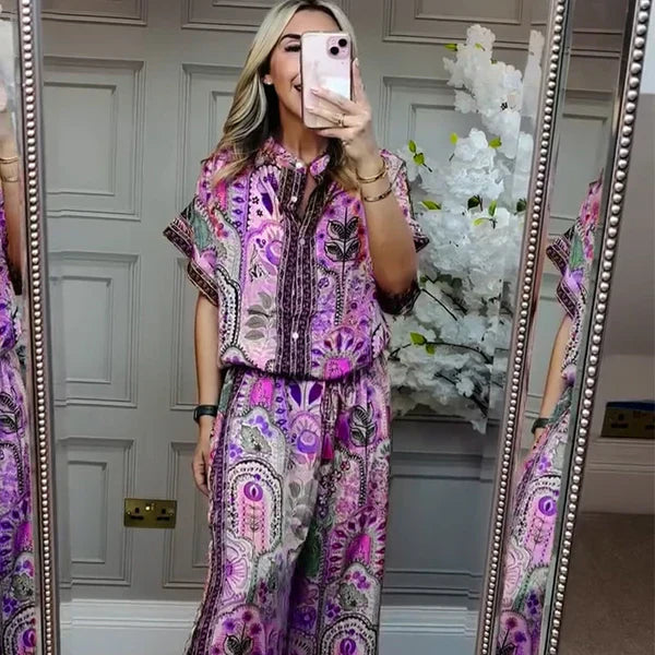 Ensemble 2 pièces haut imprimé et pantalon large pour femme