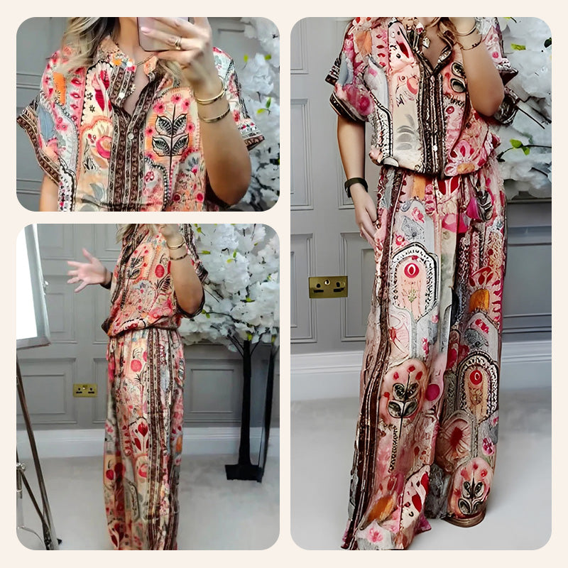 Ensemble 2 pièces haut imprimé et pantalon large pour femme