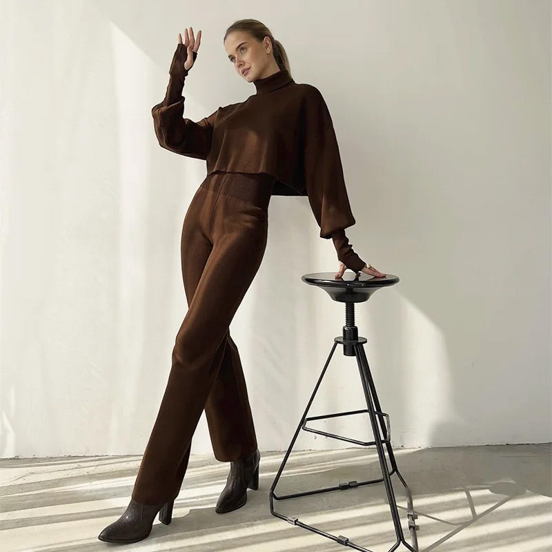 🌹52% de réduction🌹Ensemble haut court à manches longues et col montant et pantalon pour femme