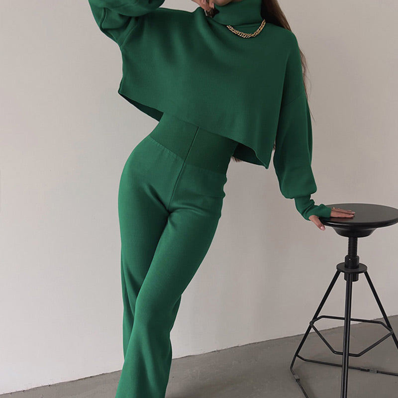 🌹52% de réduction🌹Ensemble haut court à manches longues et col montant et pantalon pour femme