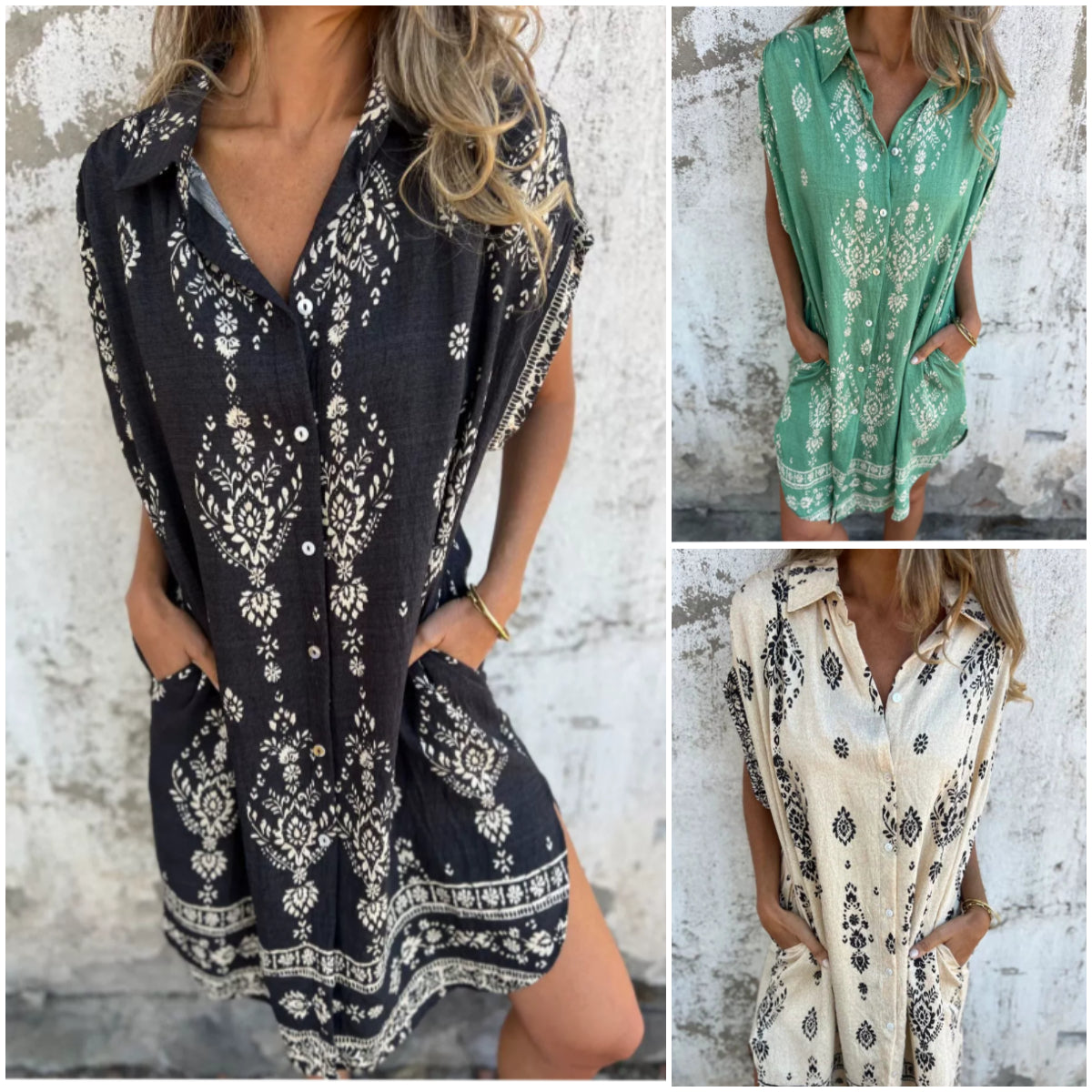 đ52% de rĂ©ductionđClassic robe en coton lin imprimĂ©ăS-3XLă
