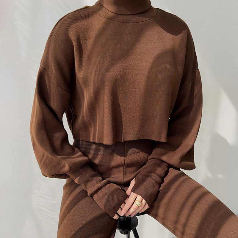🌹52% de réduction🌹Ensemble haut court à manches longues et col montant et pantalon pour femme