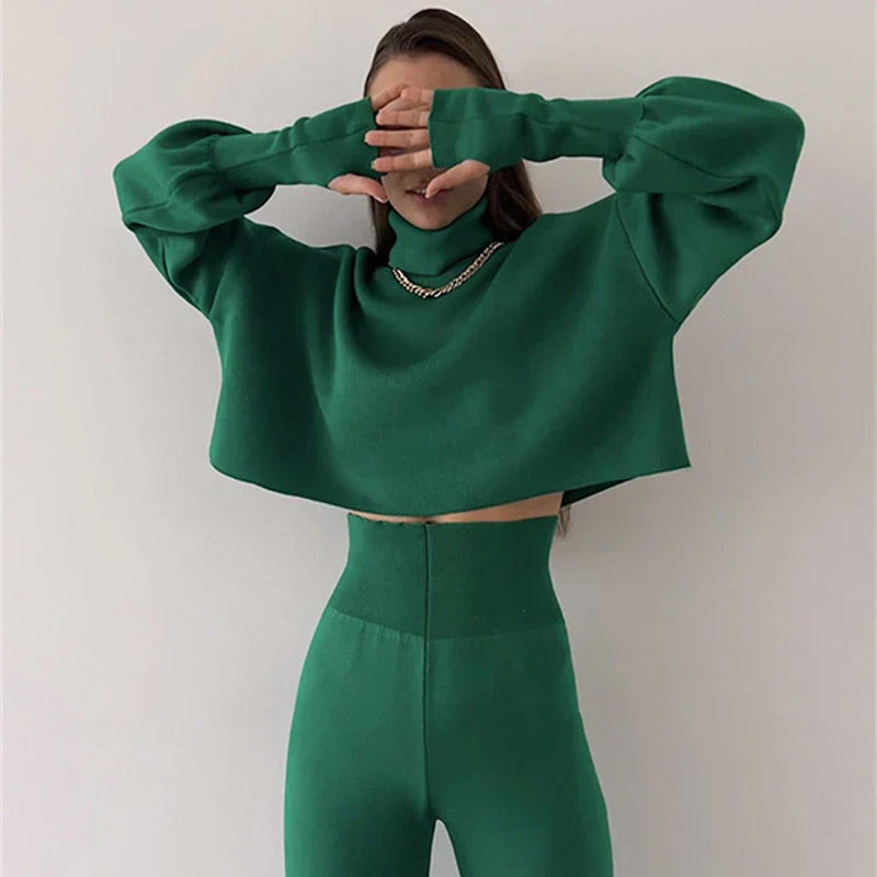 🌹52% de réduction🌹Ensemble haut court à manches longues et col montant et pantalon pour femme