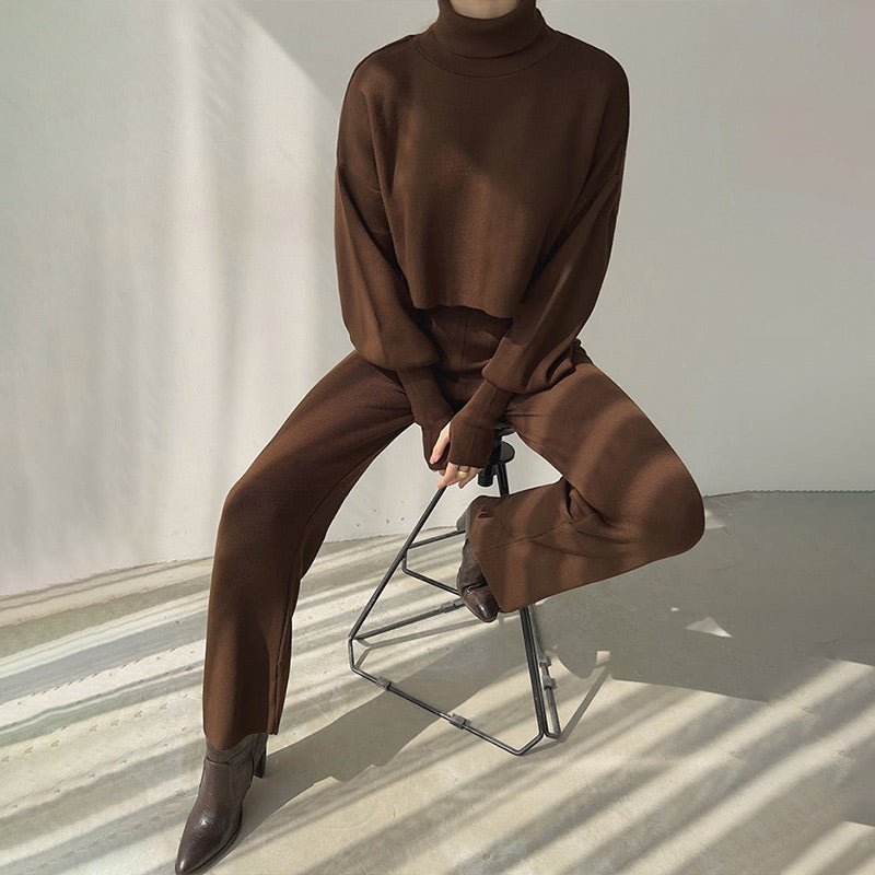 🌹52% de réduction🌹Ensemble haut court à manches longues et col montant et pantalon pour femme