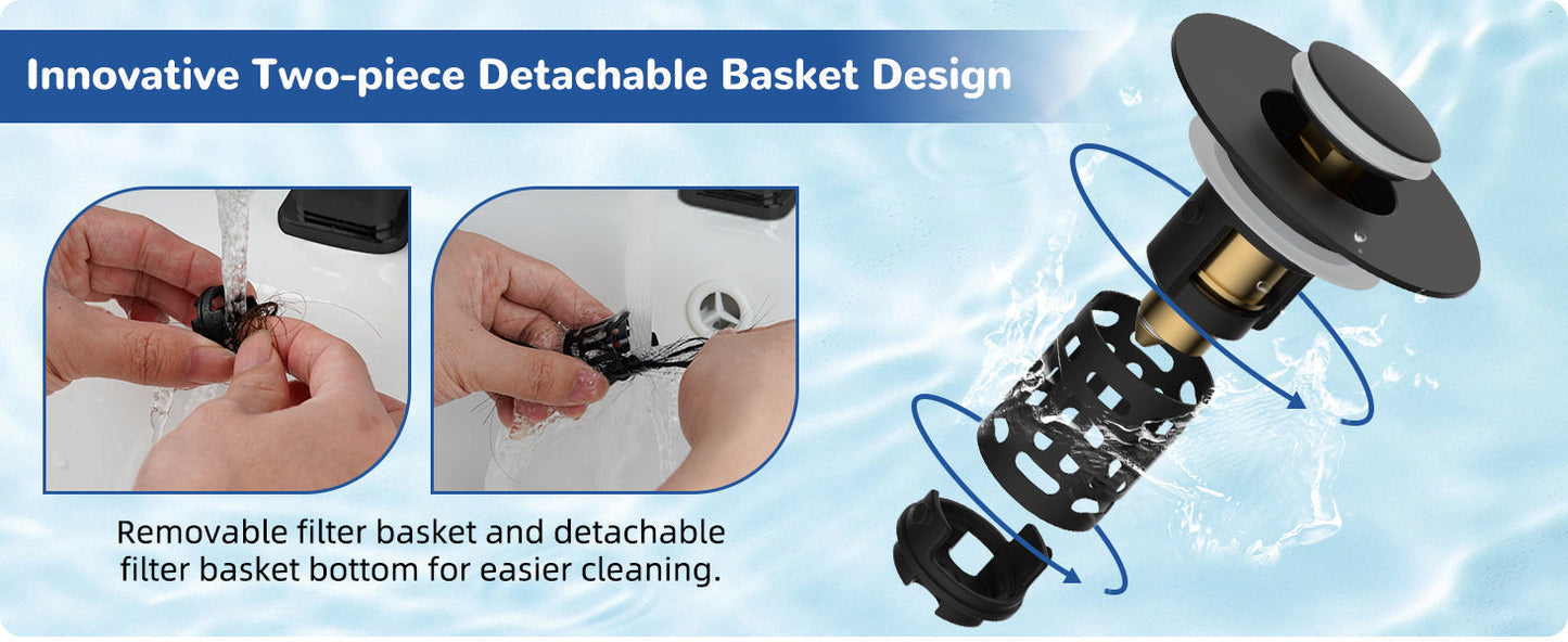 Filtre de vidange 3-en-1 amélioré Hibbent pour lavabo, bouchon à ressort universel, panier à cheveux amovible en acier inoxydable, bouchon de lavabo de 1,1 à 2,36 pouces, cartouche en laiton, noir mat