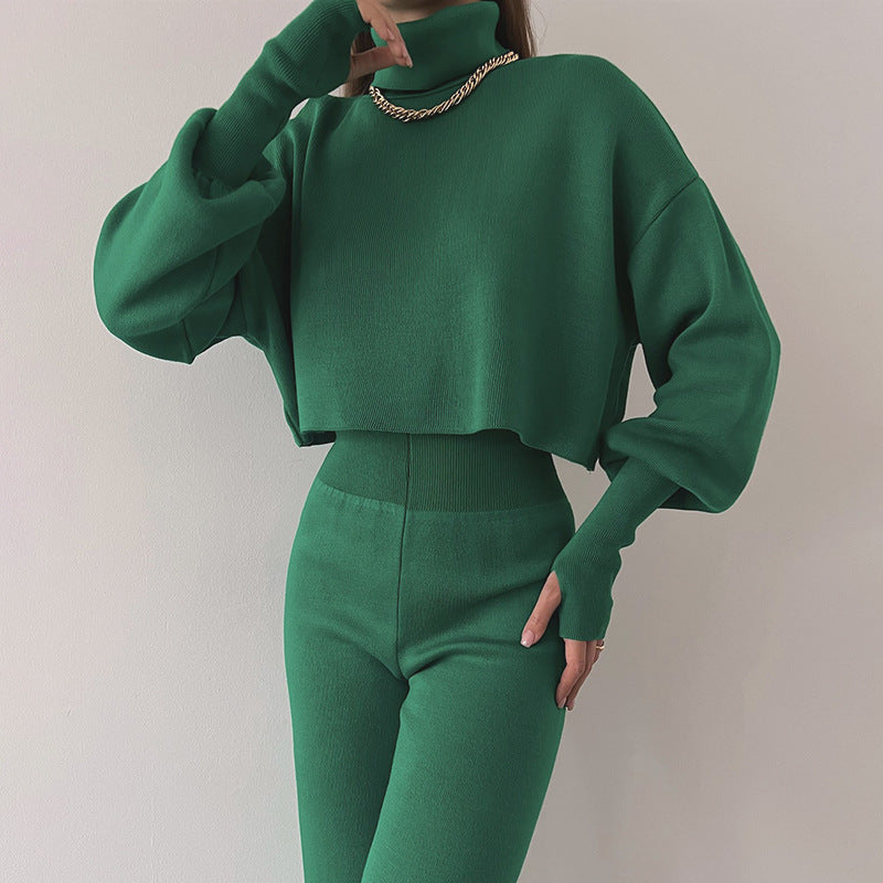 🌹52% de réduction🌹Ensemble haut court à manches longues et col montant et pantalon pour femme
