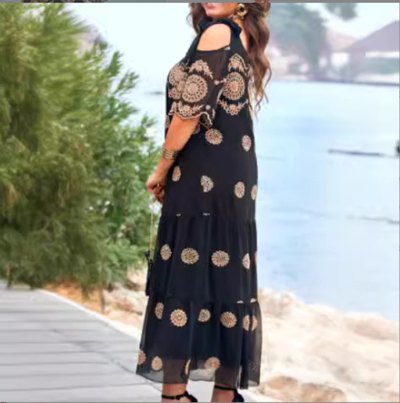 🔥53% de réduction🥰 Robe d'été creuse à manches courtes, jupe longue ample imprimée