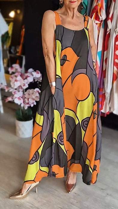 💖50 % de réduction pour une durée limitée en été💖Robe à bretelles imprimée à col carré pour femme