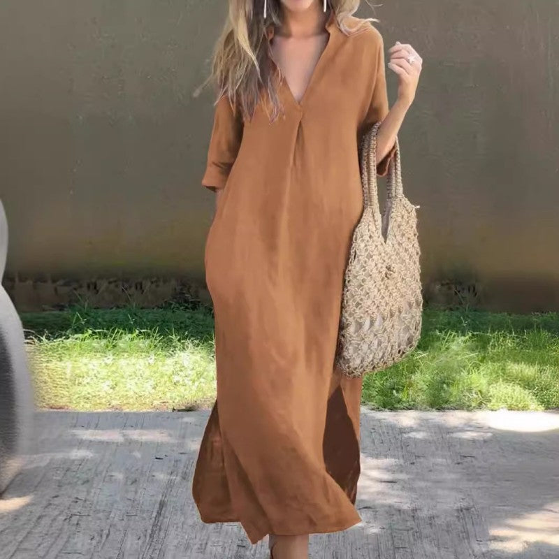 ✨Soldes d'été à 50 % de réduction✨Robe fendue élégante à col en V