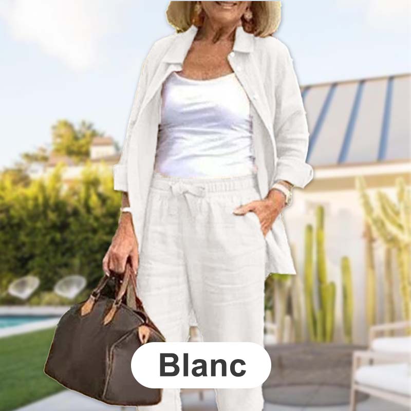 🔥Haute qualité🎀Ensemble Chemisier à Manches Longues et Pantalon en Coton et Lin pour Femmes(🔥55% de réduction)