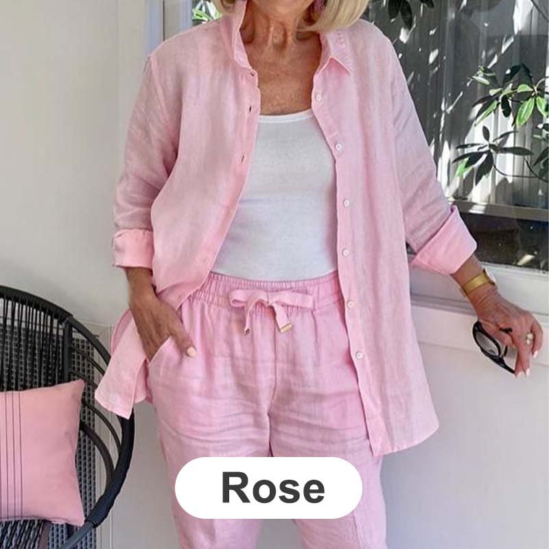 🔥Haute qualité🎀Ensemble Chemisier à Manches Longues et Pantalon en Coton et Lin pour Femmes(🔥55% de réduction)
