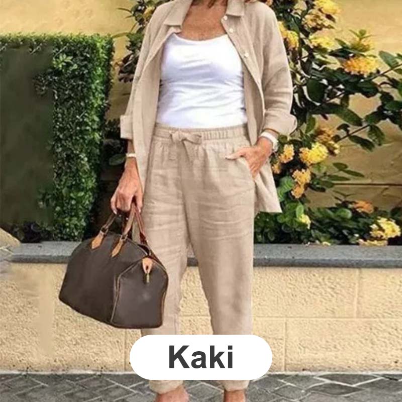 🔥Haute qualité🎀Ensemble Chemisier à Manches Longues et Pantalon en Coton et Lin pour Femmes(🔥55% de réduction)