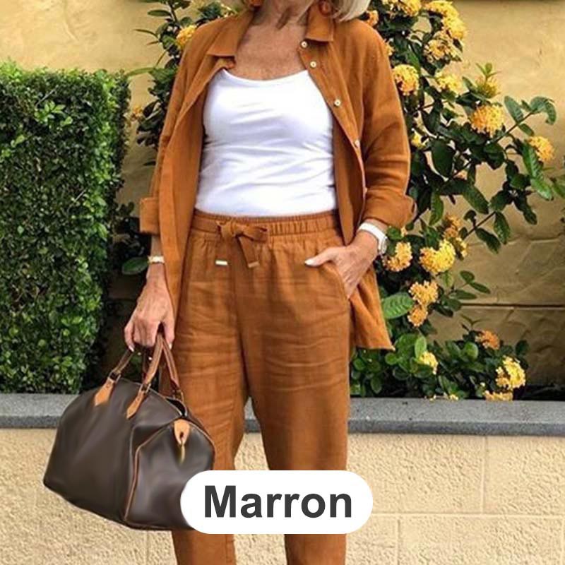 🔥Haute qualité🎀Ensemble Chemisier à Manches Longues et Pantalon en Coton et Lin pour Femmes(🔥55% de réduction)
