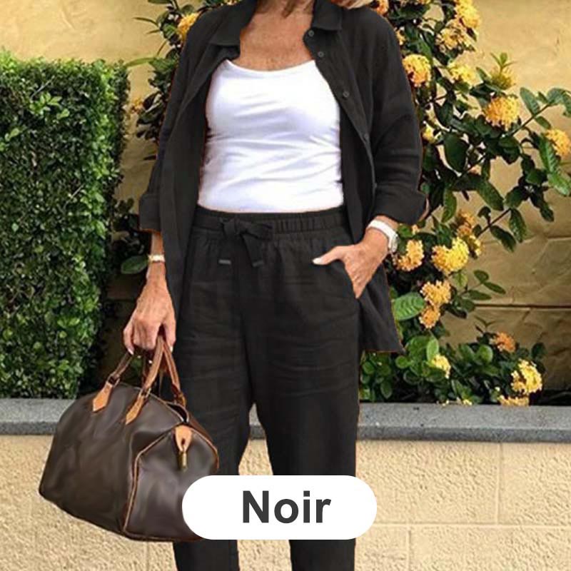 🔥Haute qualité🎀Ensemble Chemisier à Manches Longues et Pantalon en Coton et Lin pour Femmes(🔥55% de réduction)