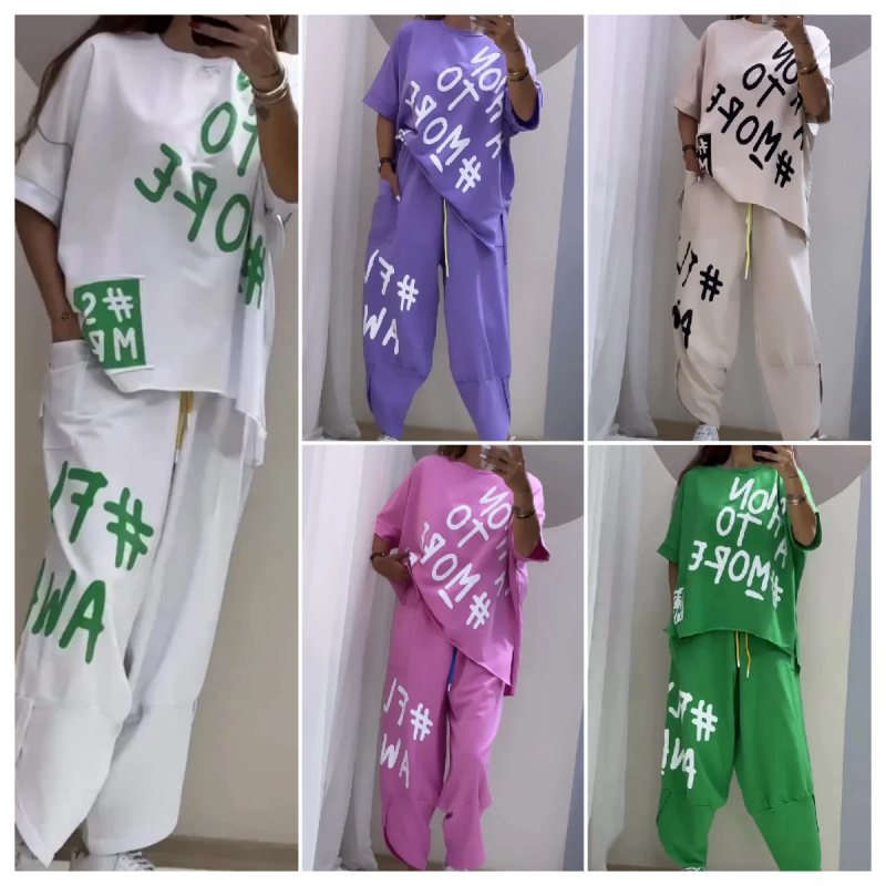 💞Nouveautés du début de l'été💞Costume deux pièces décontracté avec motif et encolure ronde(🔥53 % de réduction)