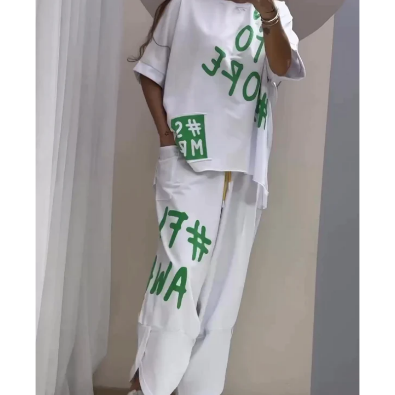 💞Nouveautés du début de l'été💞Costume deux pièces décontracté avec motif et encolure ronde(🔥53 % de réduction)