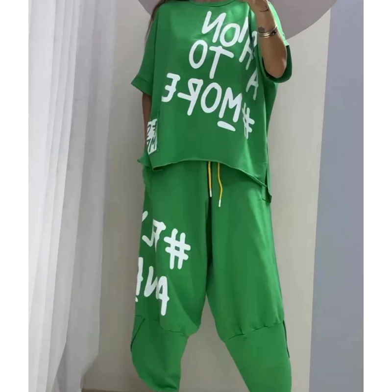 💞Nouveautés du début de l'été💞Costume deux pièces décontracté avec motif et encolure ronde(🔥53 % de réduction)