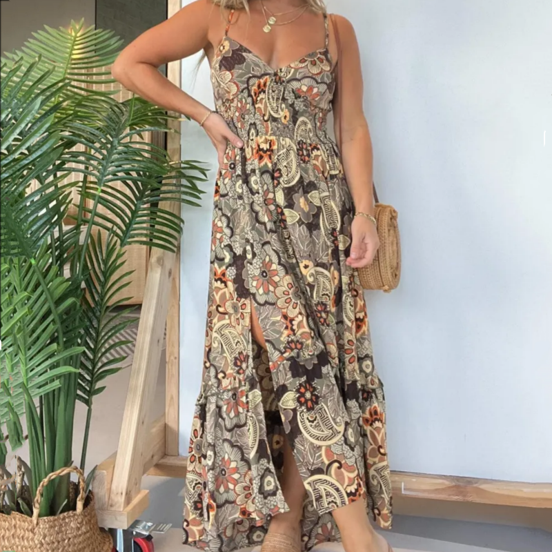 đOffre Ă durĂ©e limitĂ©e 50 % de rĂ©ductionđRobe longue sexy Ă bretelles spaghetti et imprimĂ© floral pour femme