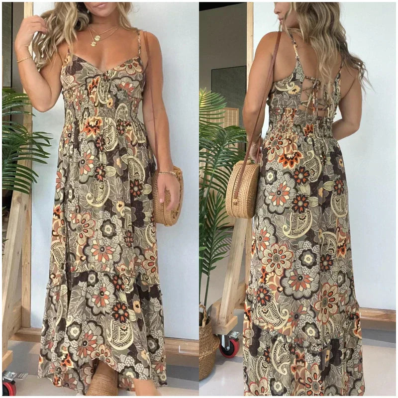 đOffre Ă durĂ©e limitĂ©e 50 % de rĂ©ductionđRobe longue sexy Ă bretelles spaghetti et imprimĂ© floral pour femme