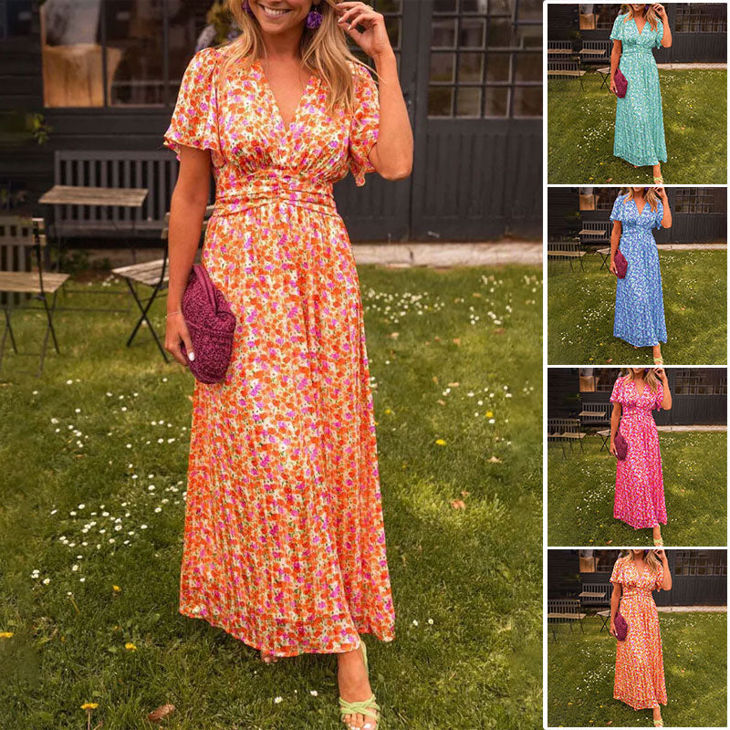 💋50 % de réduction sur l'été💋Robe florale rétro à col en V pour femmes