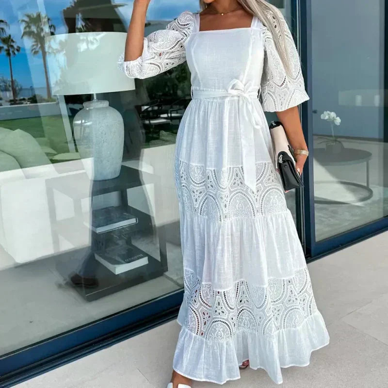đRobe longue Ă col carrĂ© et taille nouĂ©e en patchwork tendance pour femme