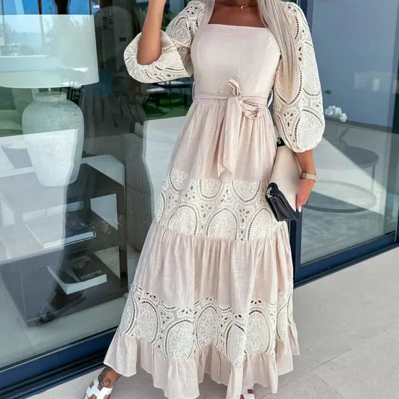 đRobe longue Ă col carrĂ© et taille nouĂ©e en patchwork tendance pour femme