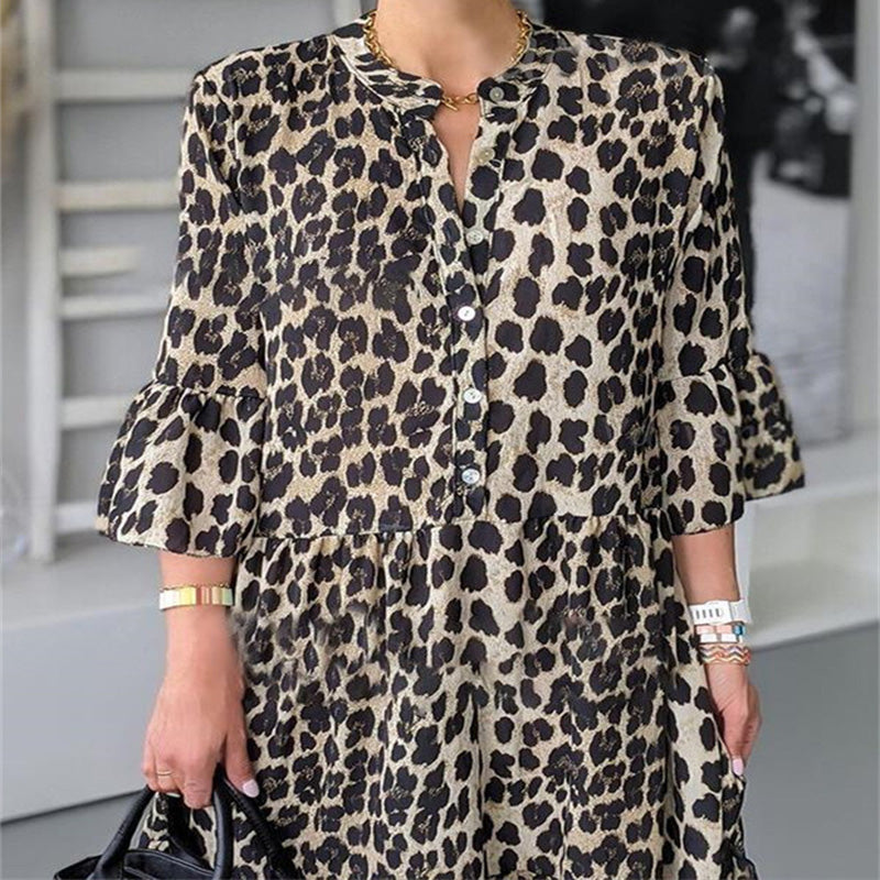 🌸50% de réduction en été🌸Robe décontractée à imprimé léopard et boutons sur le devant
