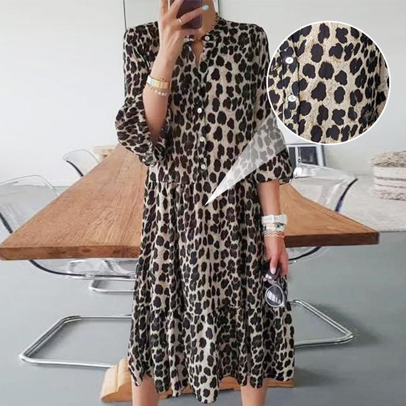 🌸50% de réduction en été🌸Robe décontractée à imprimé léopard et boutons sur le devant