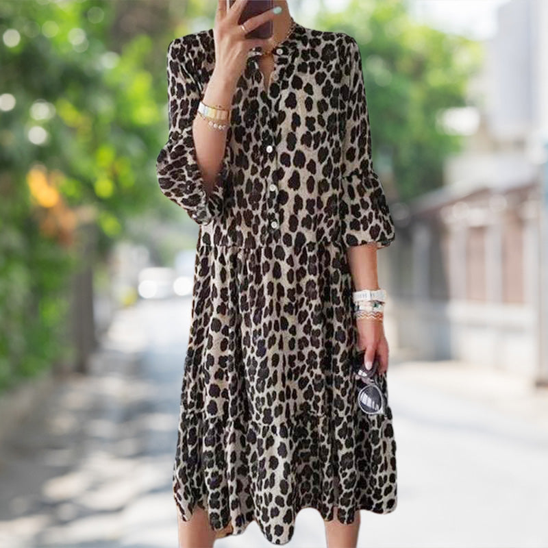 🌸50% de réduction en été🌸Robe décontractée à imprimé léopard et boutons sur le devant