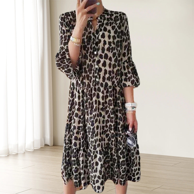 🌸50% de réduction en été🌸Robe décontractée à imprimé léopard et boutons sur le devant