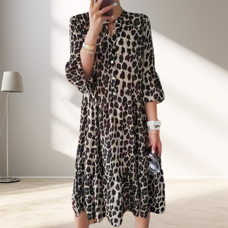🌸50% de réduction en été🌸Robe décontractée à imprimé léopard et boutons sur le devant
