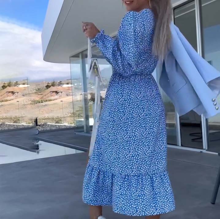 💃Remise à durée limitée 45%💃Robe à manches longues et col en V bleu imprimé pour femme
