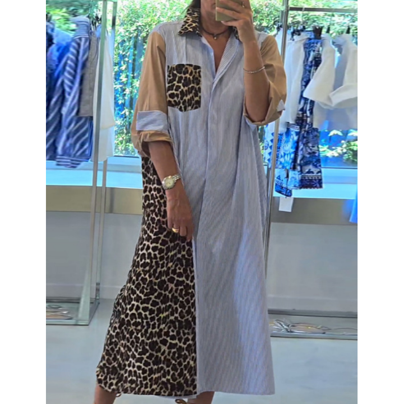 ✨Robe chemise ample à imprimé léopard et rayures