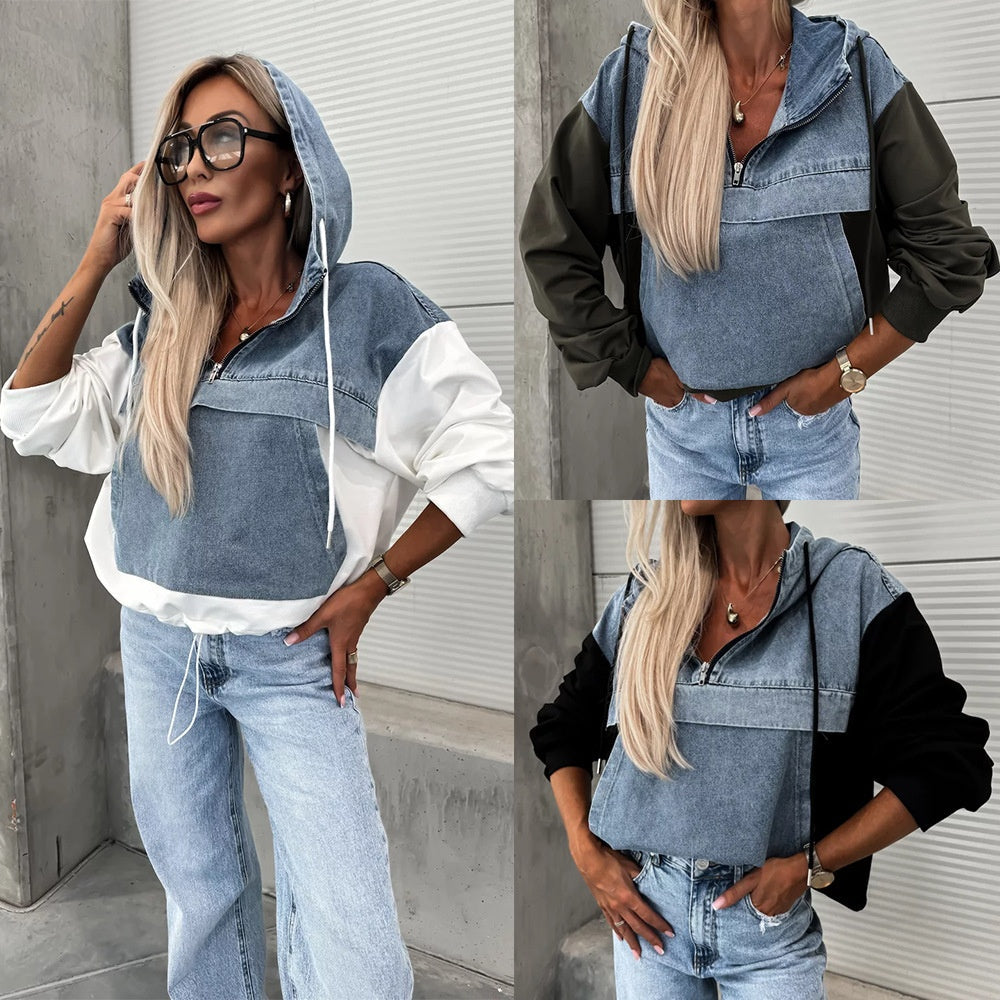 đ„Soldes D'automne 51%OFFđ„Denimjakke med hettegenser og lĂžpesnor for dame