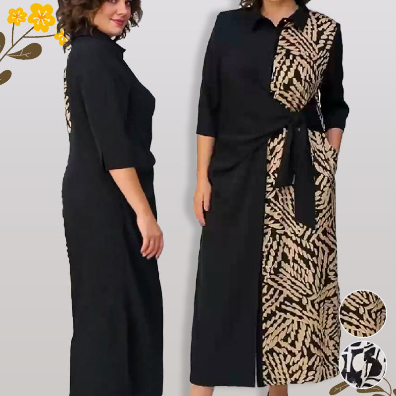 đSoldes d'automne 52%đ3/4 Sleeve Color-Block Printed Lapel Slit Dress