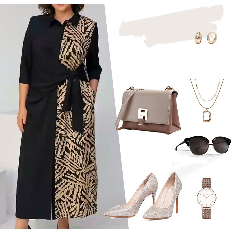 đSoldes d'automne 52%đ3/4 Sleeve Color-Block Printed Lapel Slit Dress