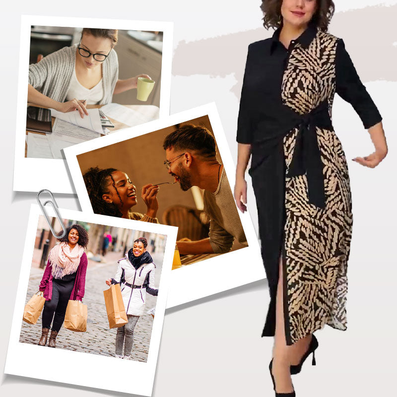 đSoldes d'automne 52%đ3/4 Sleeve Color-Block Printed Lapel Slit Dress
