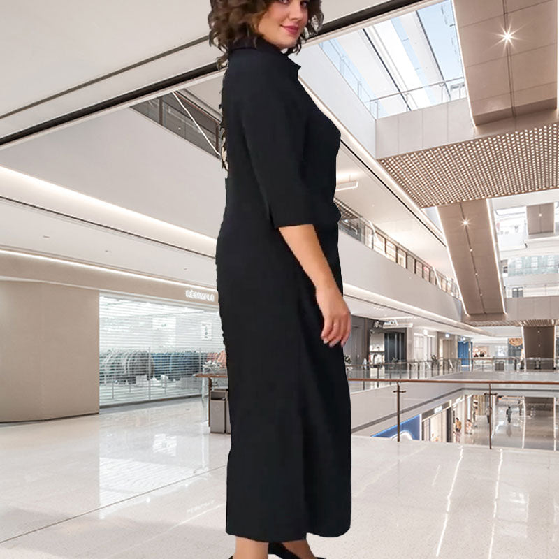đSoldes d'automne 52%đ3/4 Sleeve Color-Block Printed Lapel Slit Dress