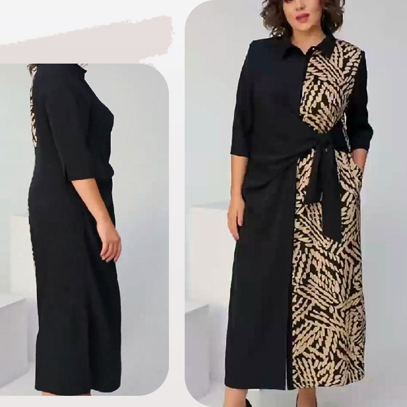 đSoldes d'automne 52%đ3/4 Sleeve Color-Block Printed Lapel Slit Dress
