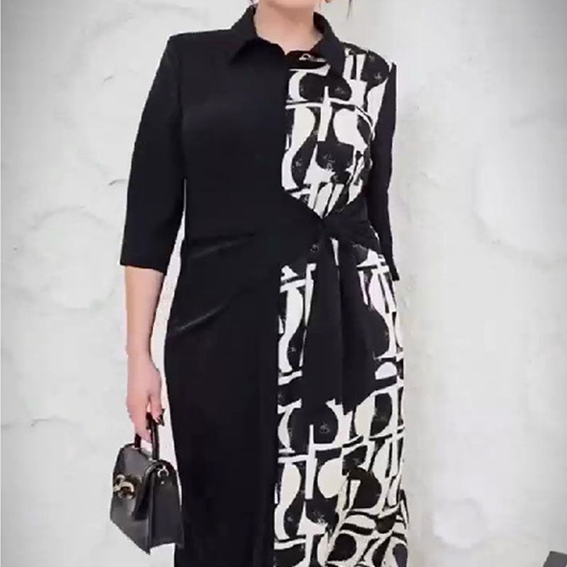 đSoldes d'automne 52%đ3/4 Sleeve Color-Block Printed Lapel Slit Dress