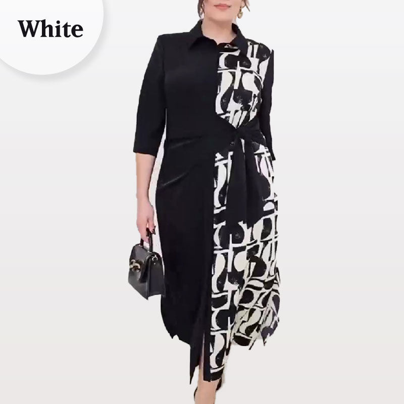 đSoldes d'automne 52%đ3/4 Sleeve Color-Block Printed Lapel Slit Dress