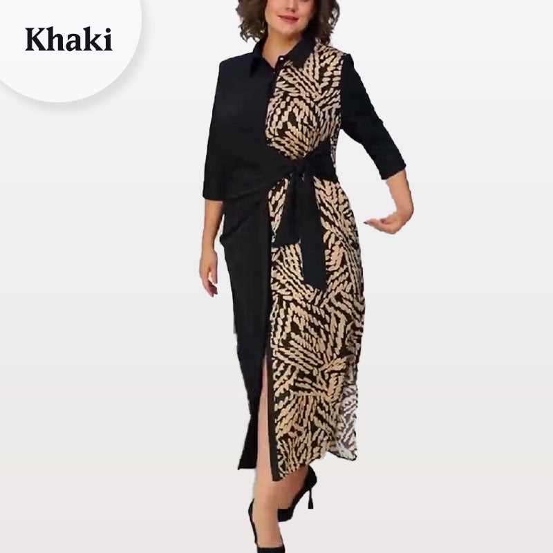 đSoldes d'automne 52%đ3/4 Sleeve Color-Block Printed Lapel Slit Dress